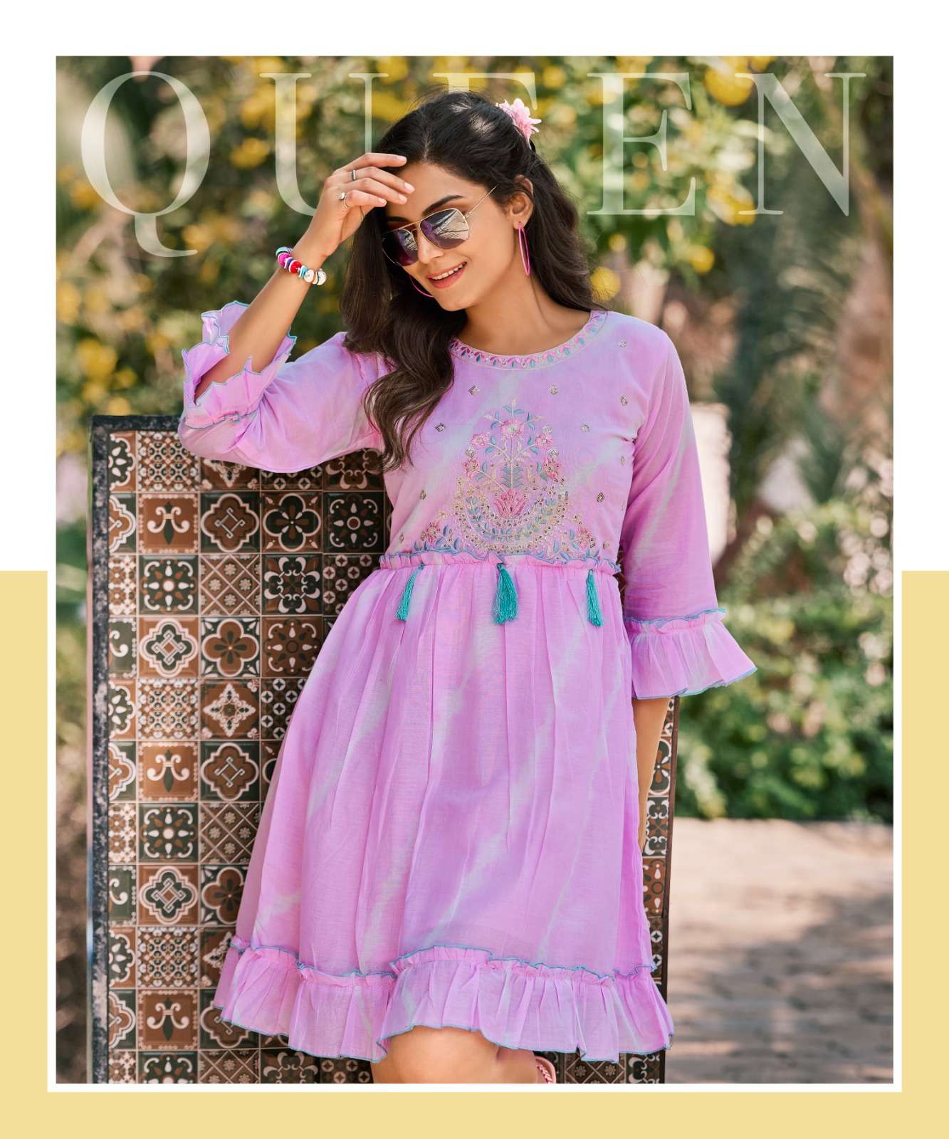 RICHGIRL MULL COTTON SEQUENCE, EMBROIDERY AND HANDWORK FANCY TUNICS WITH SHADES OF SHIBORI PRINT BY RANGJYOT BRAND 1005 C